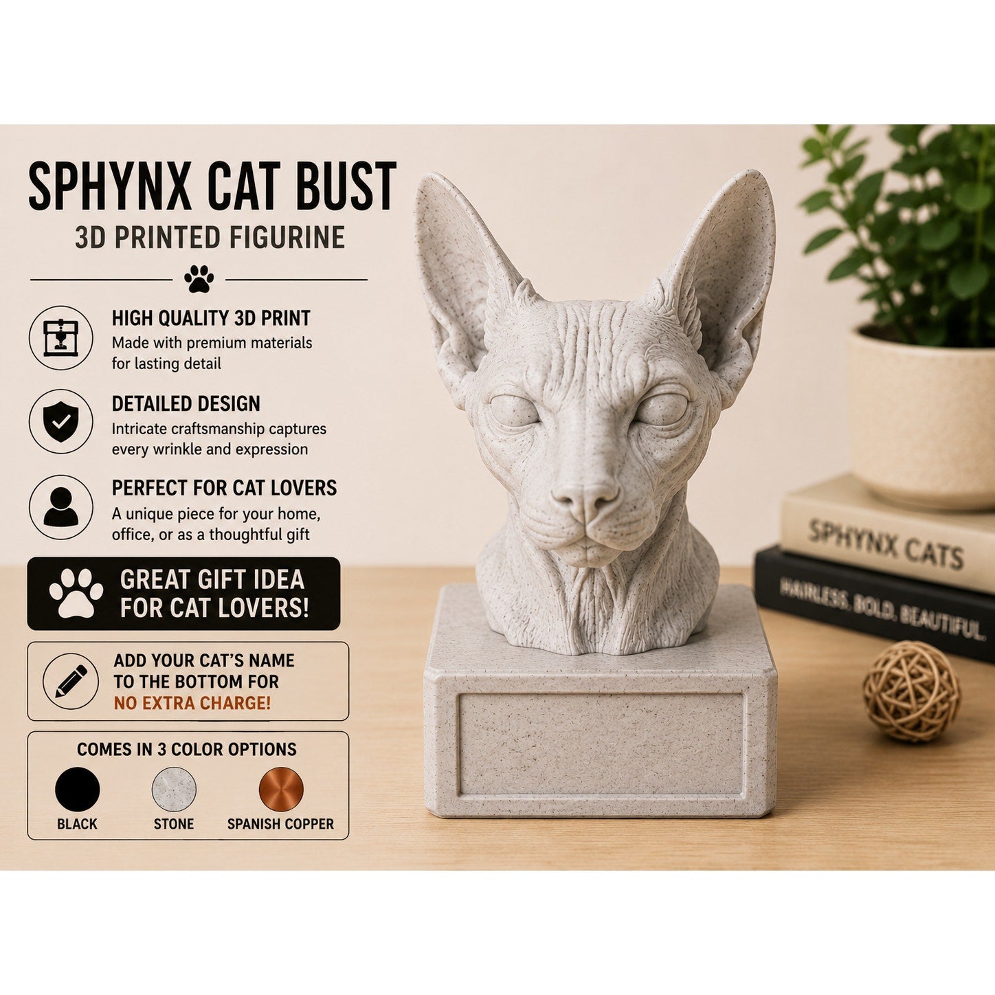 Custom Sphynx Cat Bust | Personalized 3D Printed Memorial | Pet Lover Gift